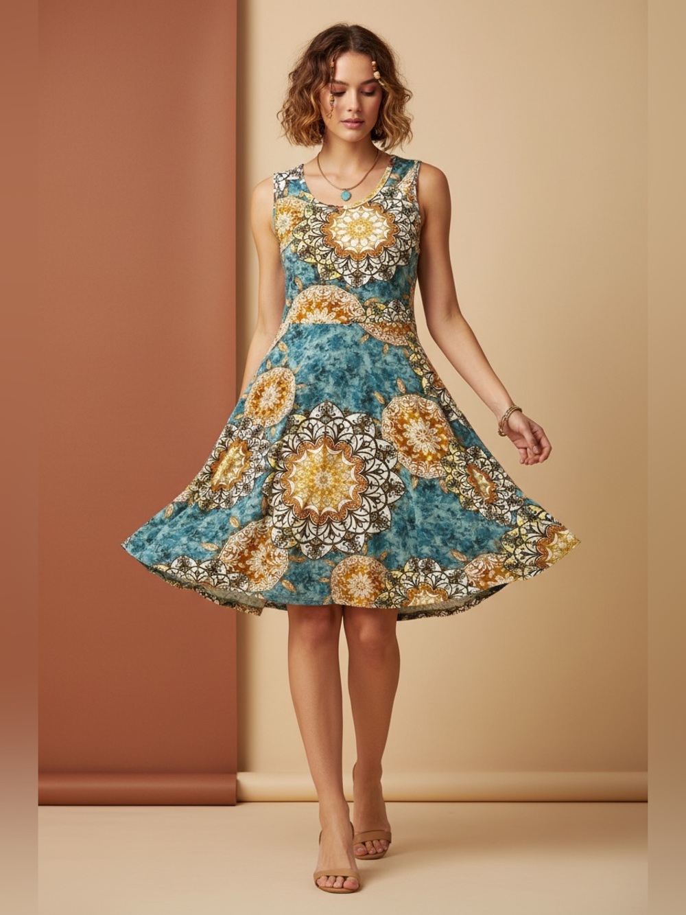 NWOT • Nicki • A-Line • Sleeveless • Fit and Flare Dress • Blue and Gold Mandala - Picture 6 of 10